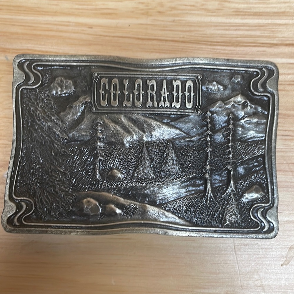 Dix Leather CO. Belt Buckle COLORADO Theme Heavy Thick Vintage  1976 Brass